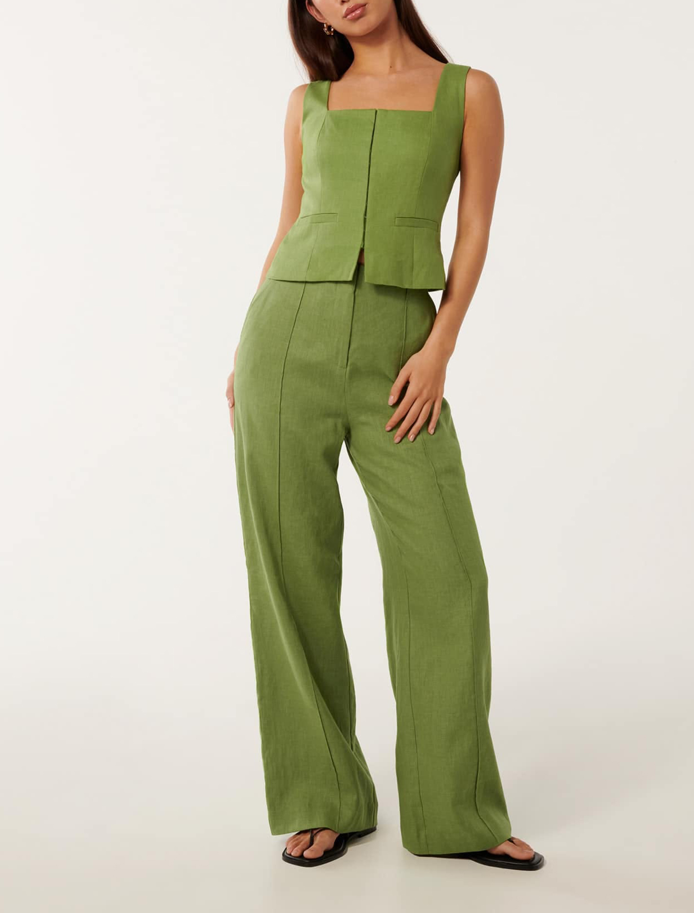 Green Linen Wide-Leg Pants