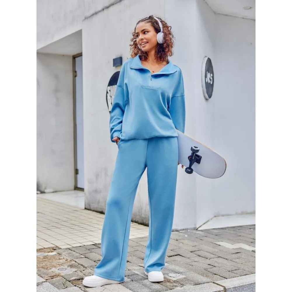 Women's Two-Piece Sports Set Long-Sleeved Half-Zip Cardigan Sweatshirt