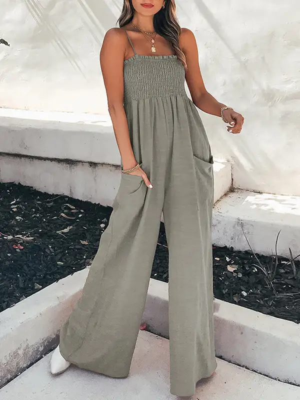 Jumpsuits Met Hoge Taille Losse Elasticiteit Geplooide Zakken