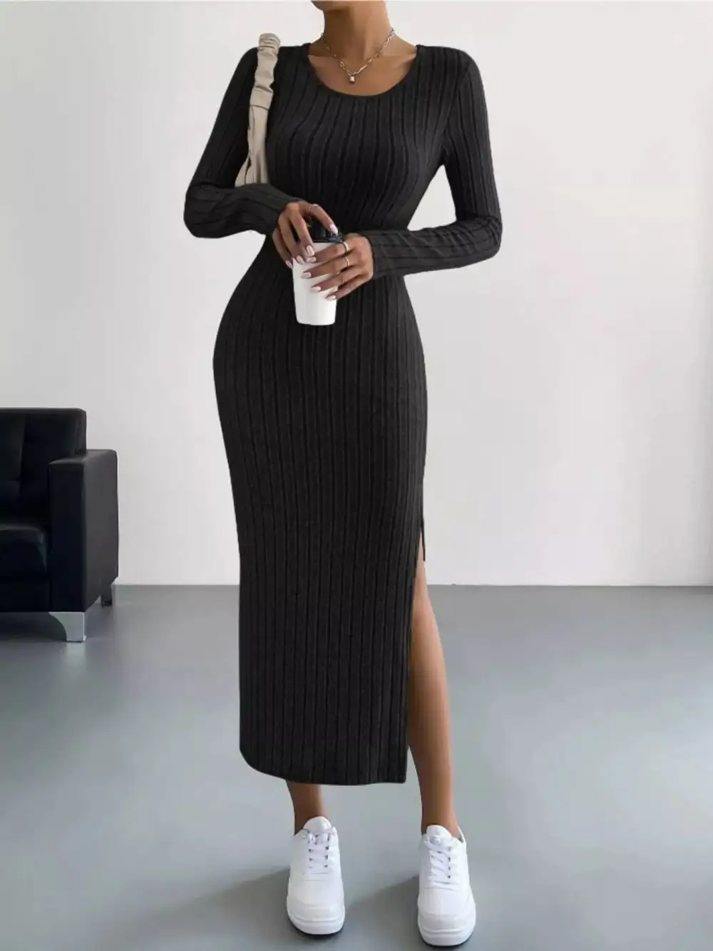Textured Detail Ribbed Knit Midi Dress