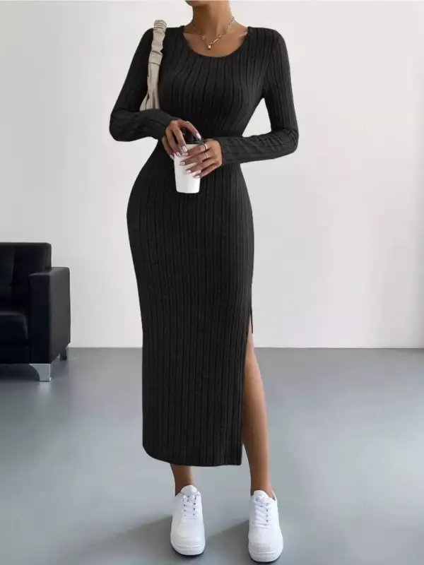 Textured Detail Ribbed Knit Midi Dress