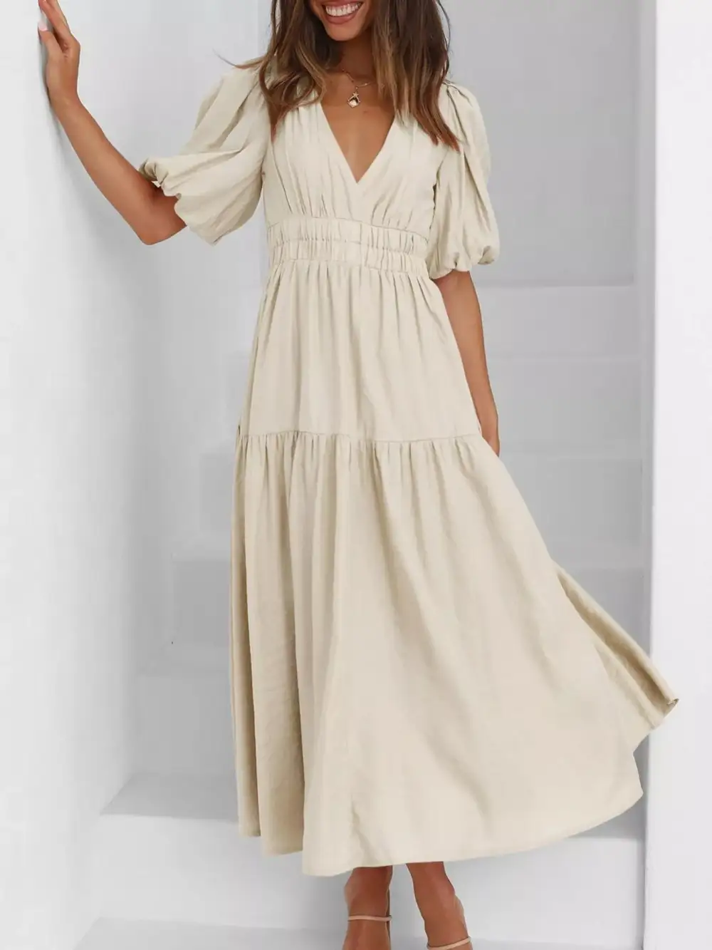 V Neck Puff Sleeve Midi Dress