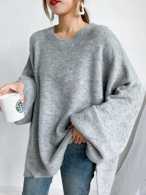 Mohair Blend Stretch Knit Round Neck Balloon Sleeve Relaxed Fit Sweater