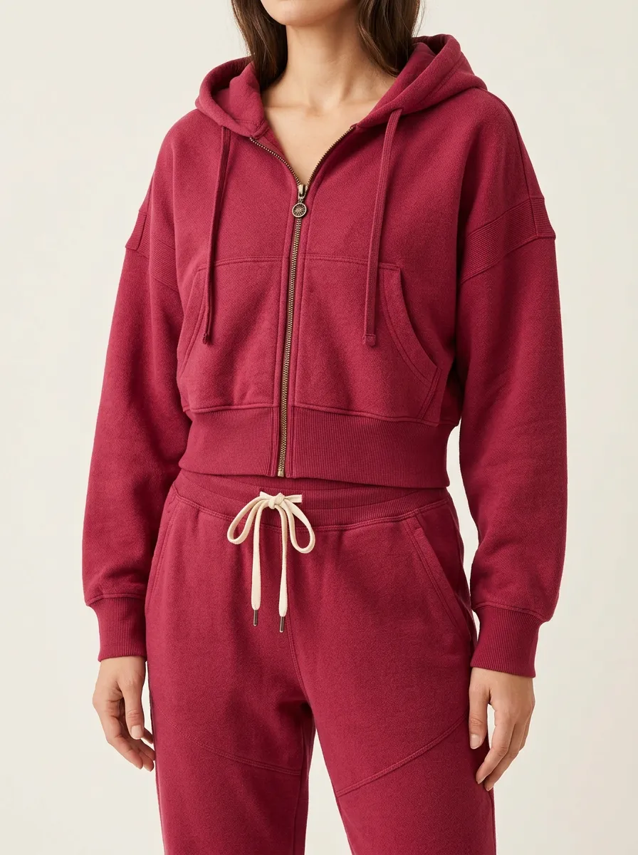 Versatile Hooded Zip Front Cropped Women's Long Sleeve Zip Two Piece Set