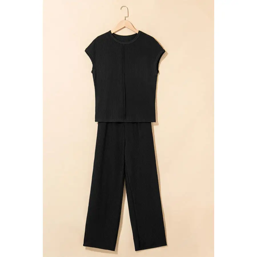 Solid Corded Short Sleeve Top and Casual Pants Set