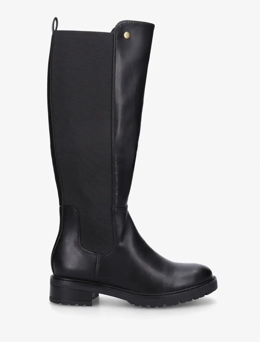 Refined Stretch Panel Lug Sole Block Heel Faux Leather Knee High Boots