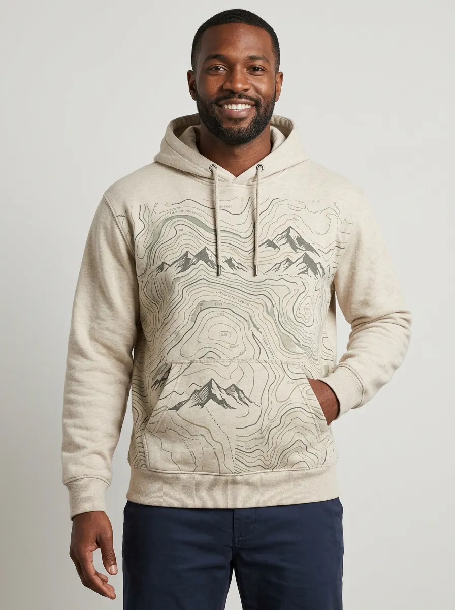 Men's Outdoor Hiking Explorer Mountain Topographic Graphic Hoodie