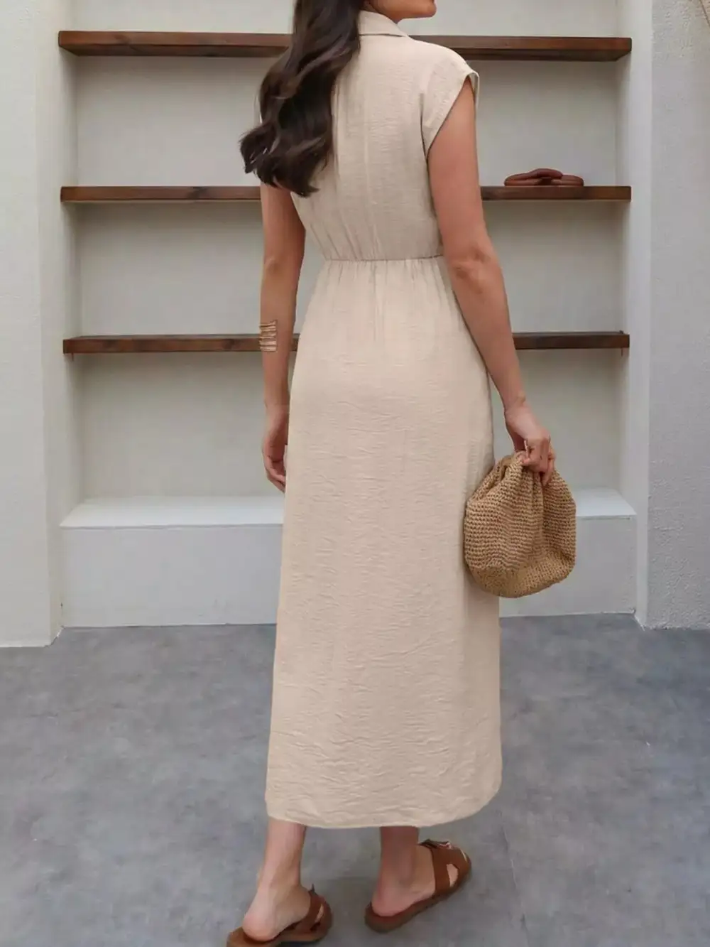 Button Front Tie Waist Sleeveless Midi Dress