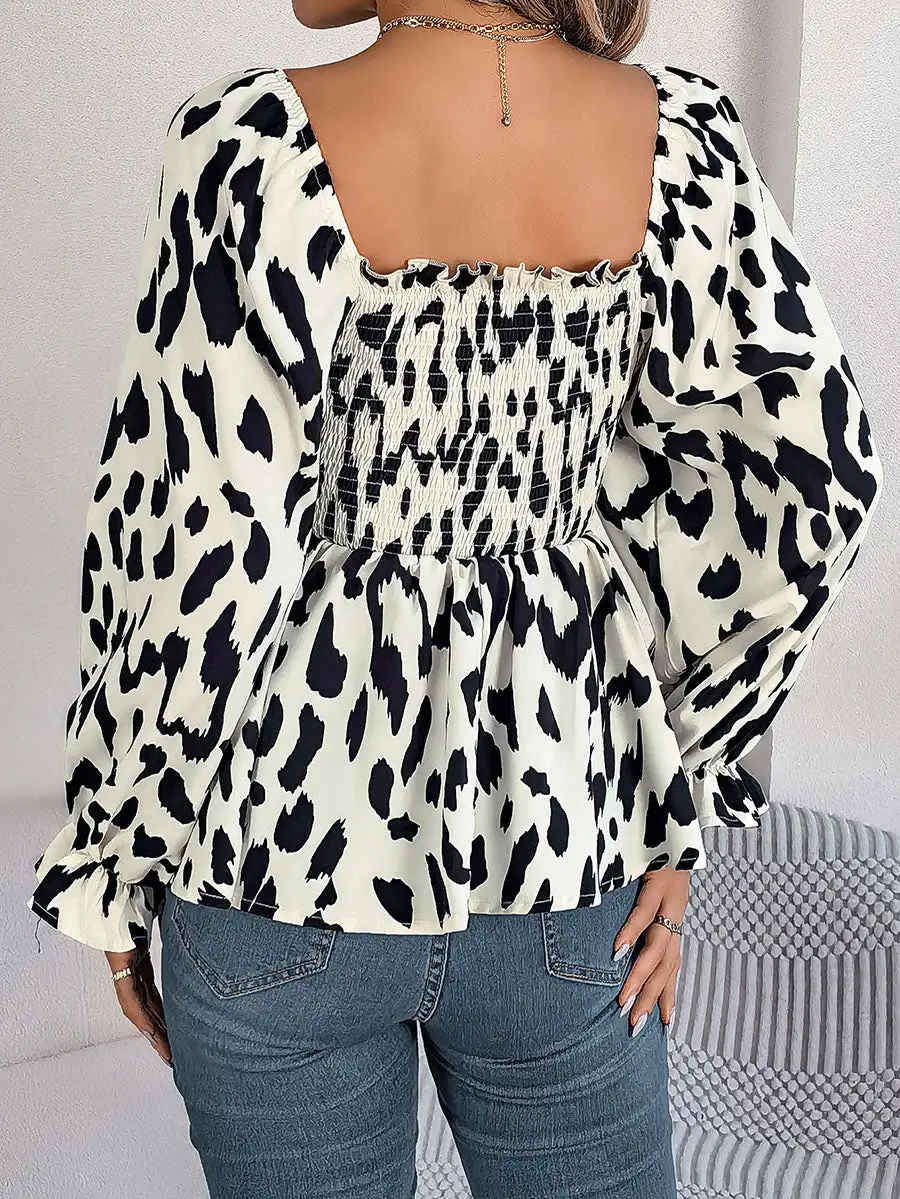 Long Sleeve Puff Sleeve Leopard Pleat Detail Ruffle Square Neck T-Shirt