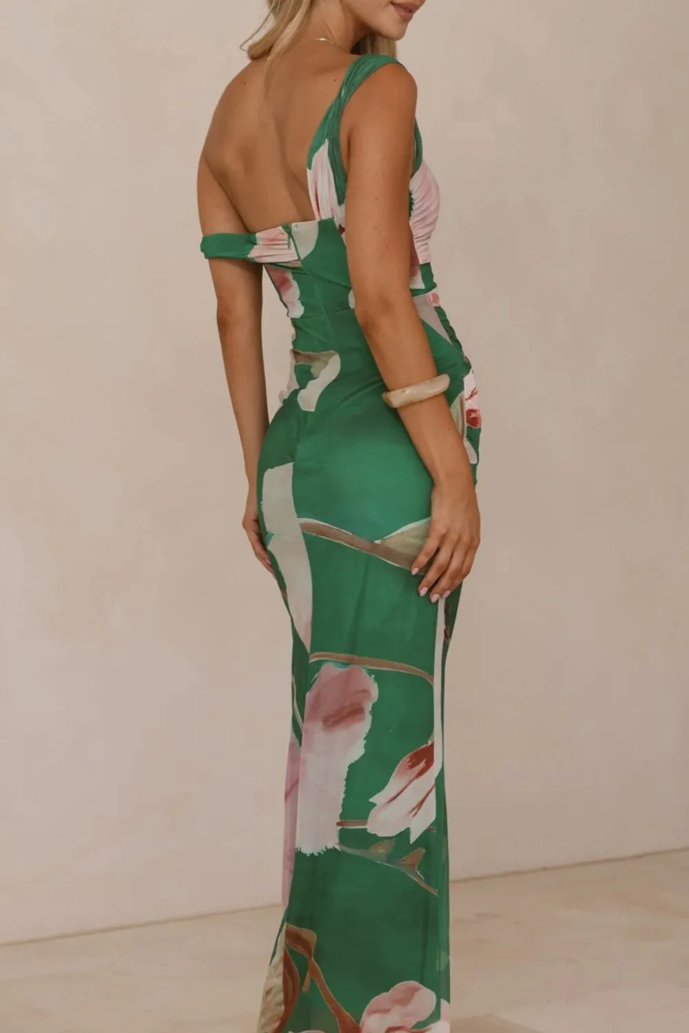 Clean Line Floral Printed Ruched Maxi Dress