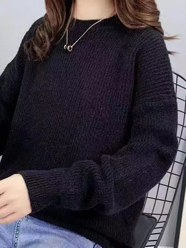 Round Neck Long Sleeve Relaxed Fit Pullover Sweater