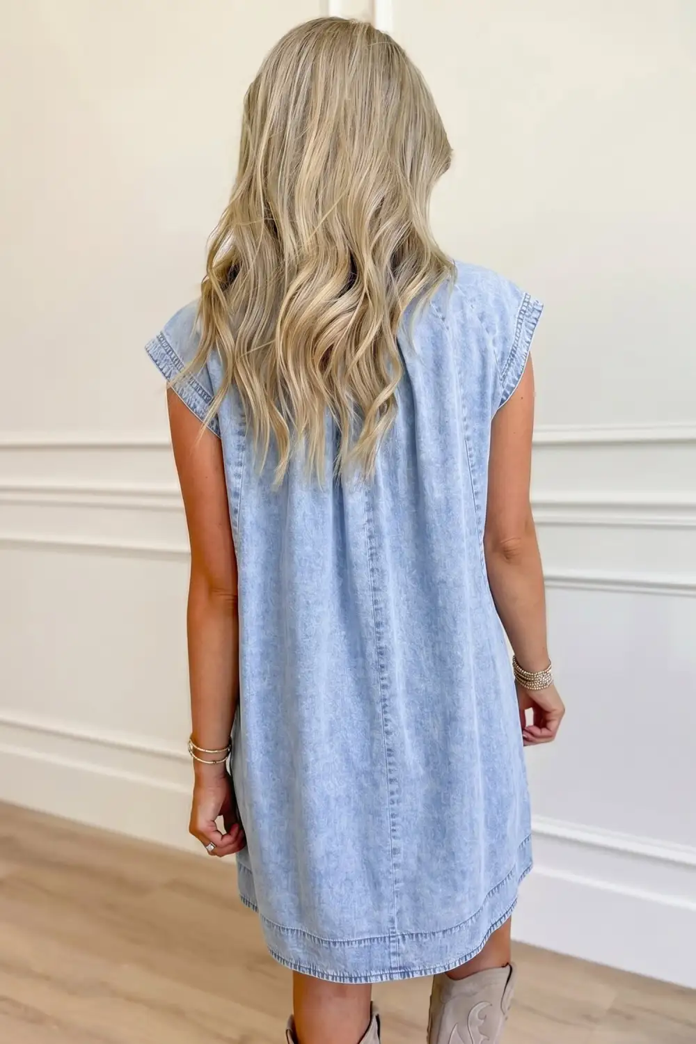 Cap Sleeve Pleated Round Neck Denim Shift Dress