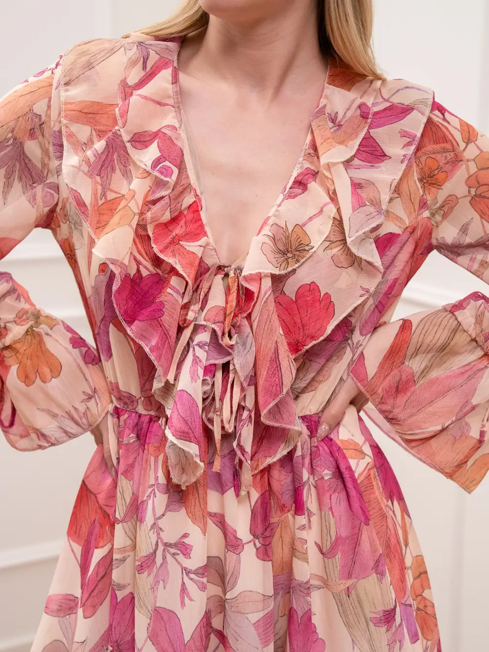 Ruffled V‑Neck Floral Print Long‑Sleeve Dress