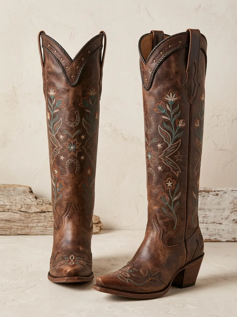 Women's Western Floral Star Embroidered Braided Piped Pointed-Toe Denim Over-the-Knee Boots