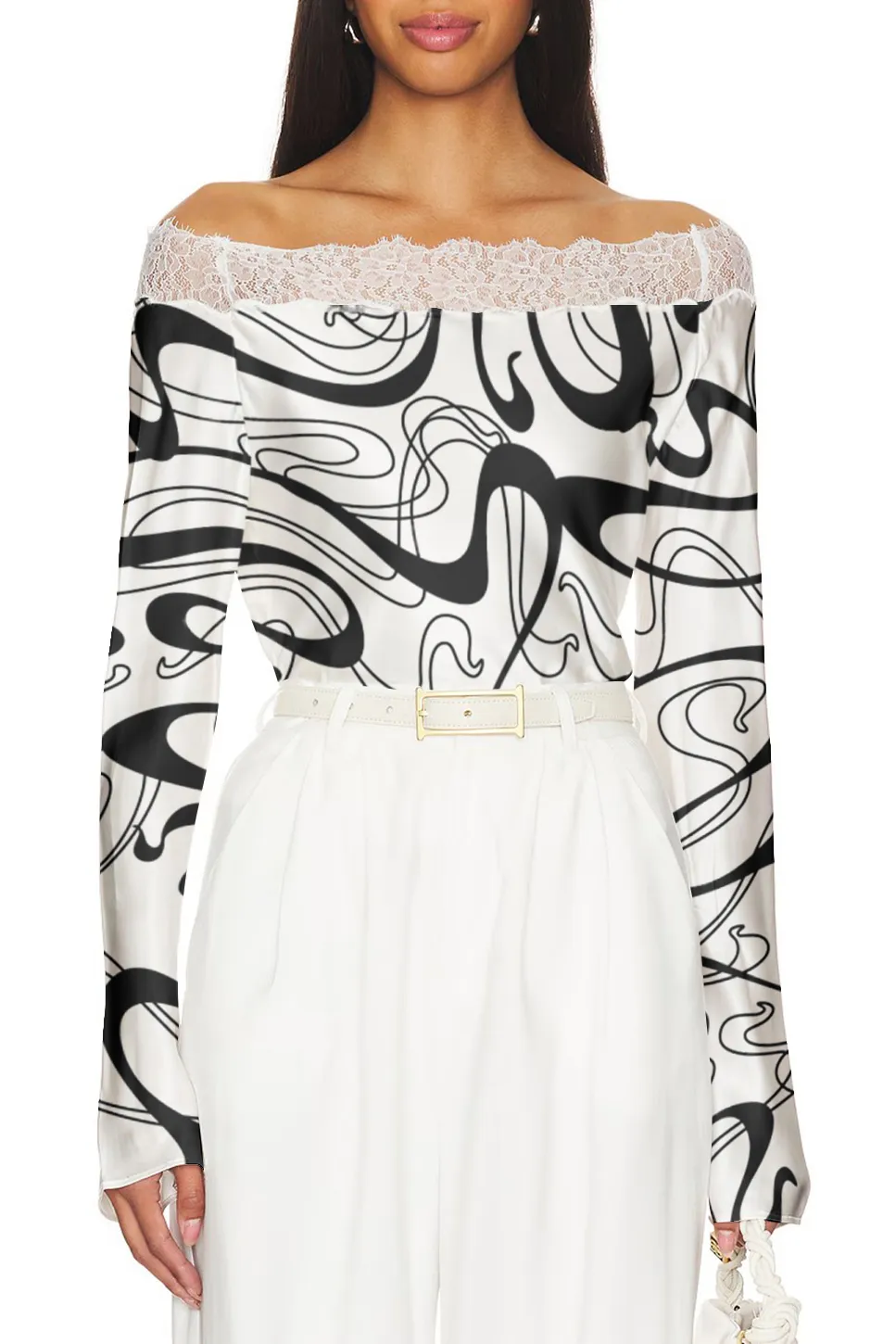Abstract Print Lace Trimmed Off Shoulder Top