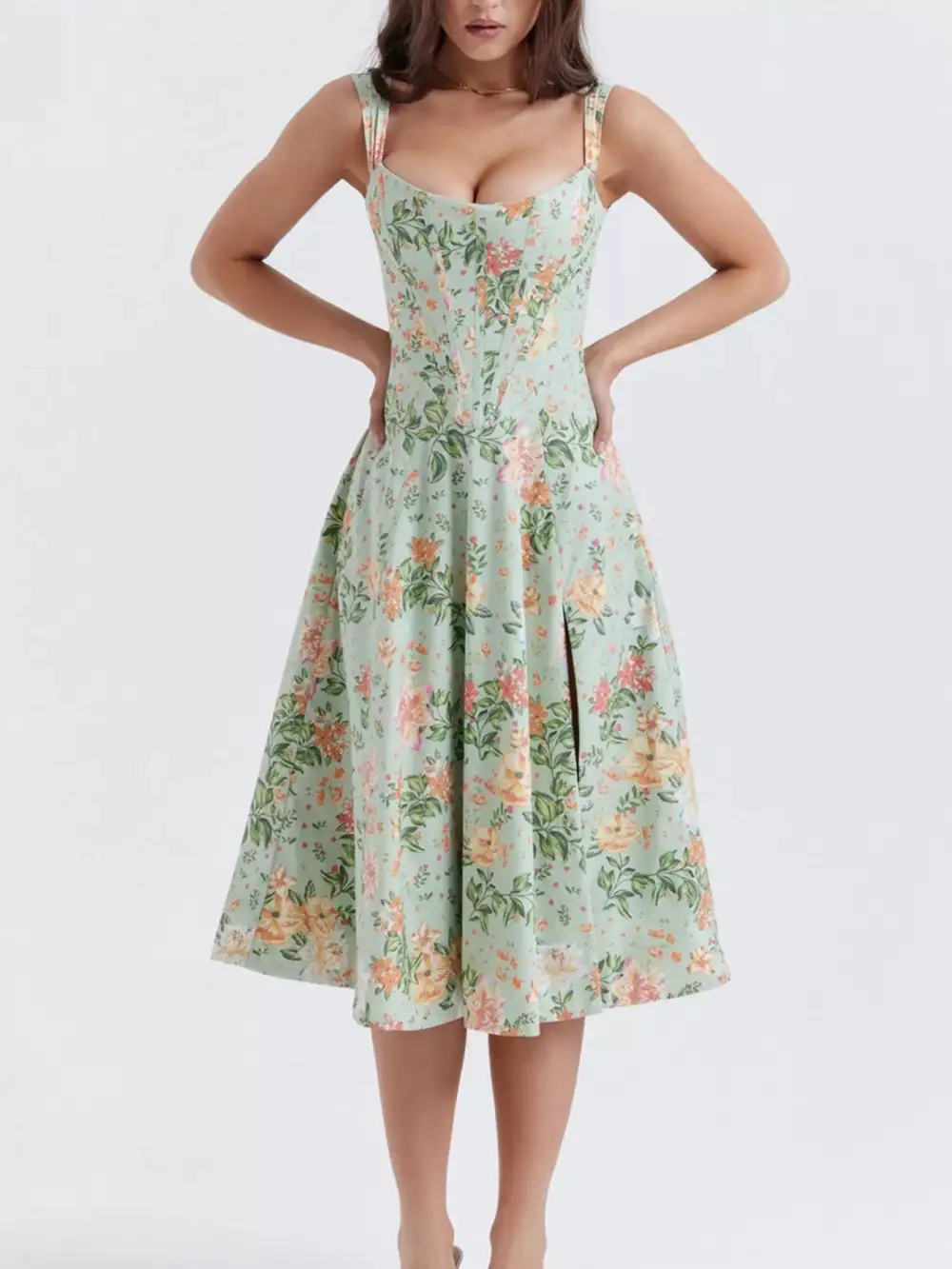 Floral Print Midi Dress With Slit