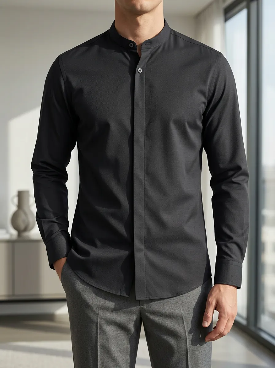 Men's Black Slim Fit Mandarin Collar Long Sleeve Shirt