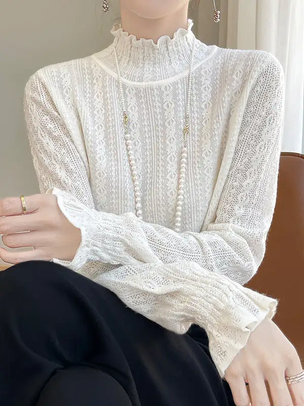 Long Sleeve Relaxed Elasticity Ruffle Trim Mock Neck T-Shirt