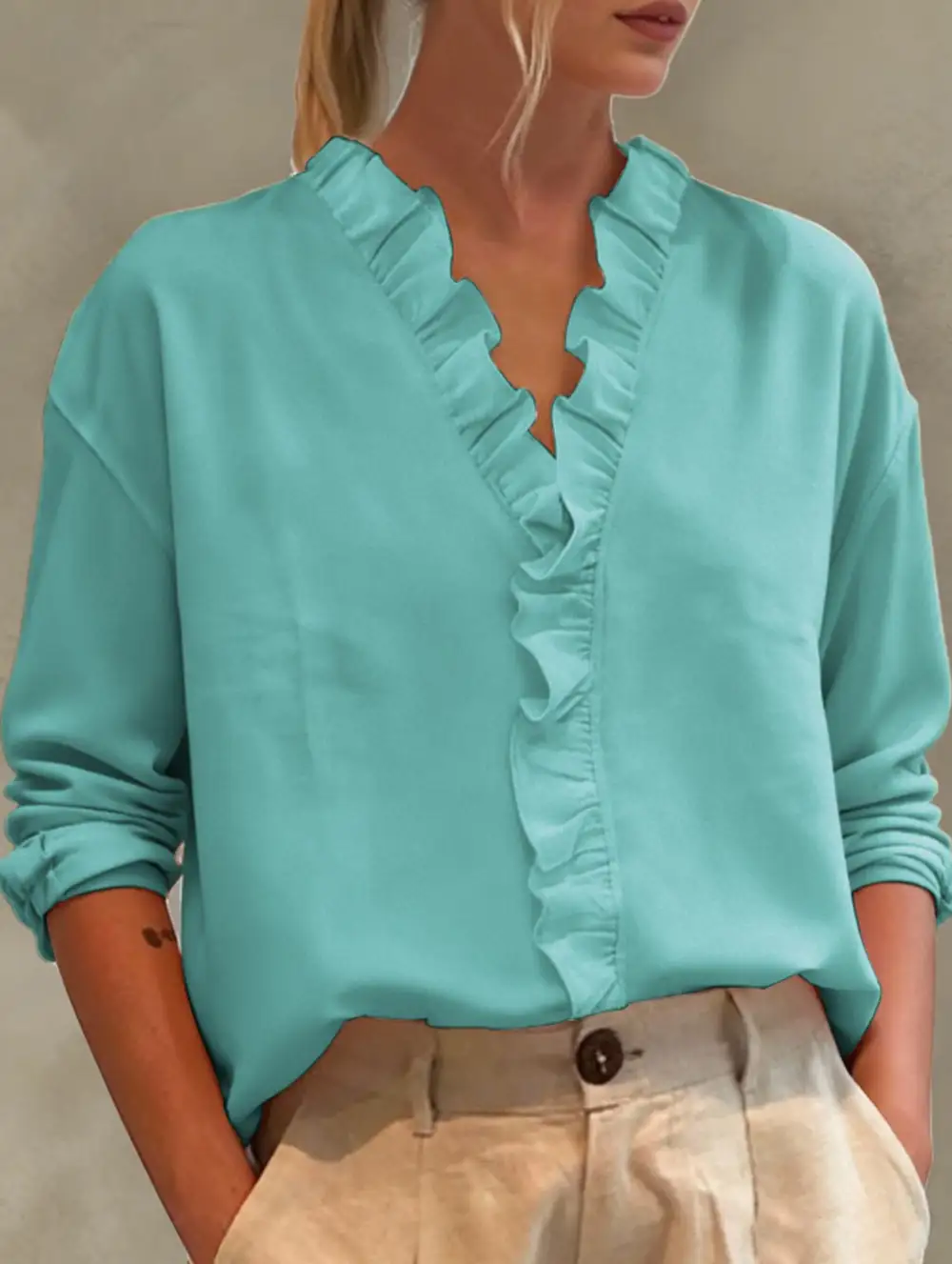 Ruffle V-Neck Long Sleeve Blouse