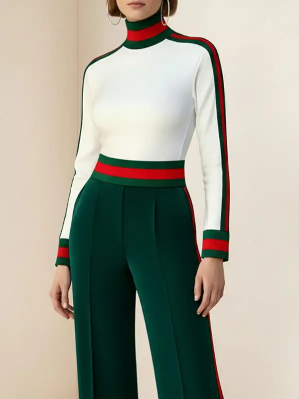 Long Sleeve Slim Fit Contrast Panel Detail Stripe High Neck T-Shirt