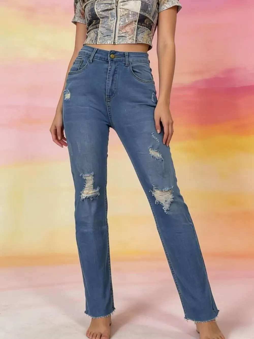 Soft High Waist Distressed Denim Jeans