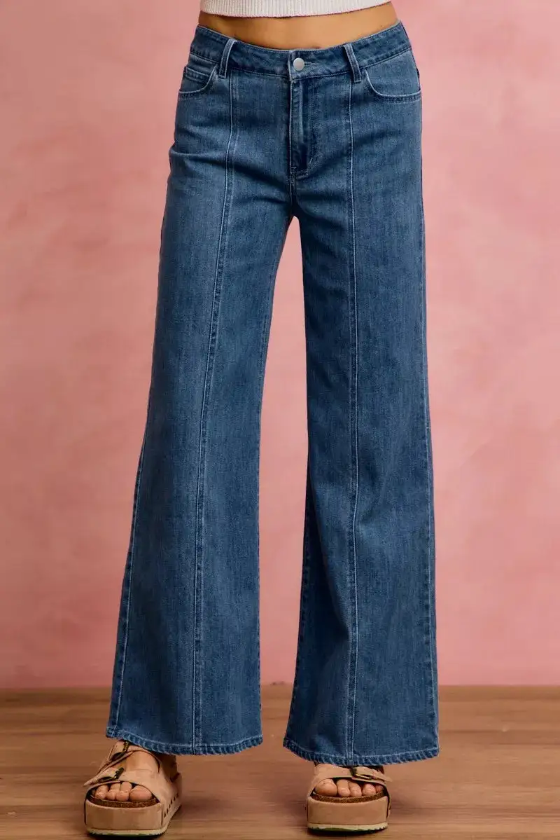 Mid Rise Seam Detail Stretch Denim Jeans