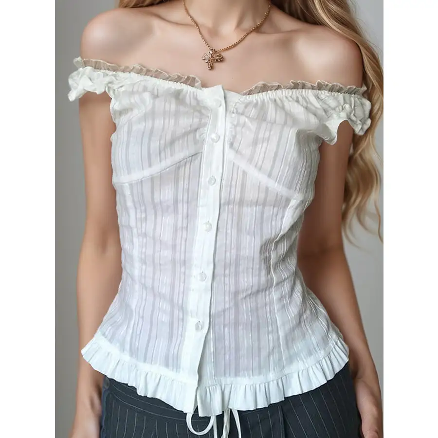 Devine Lace Detail Button Down Off Shoulder Shirt