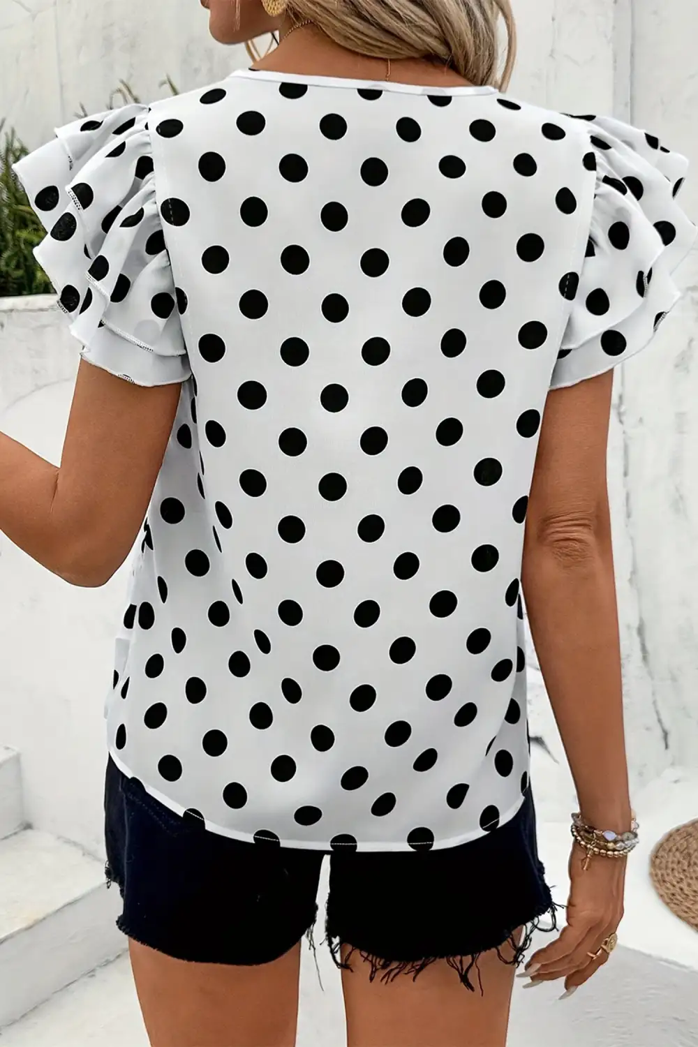 Polka Dot Ruffle Trim Short Sleeve Blouse