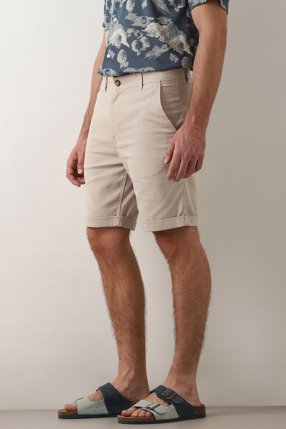 Beige Mid Rise Cotton Shorts