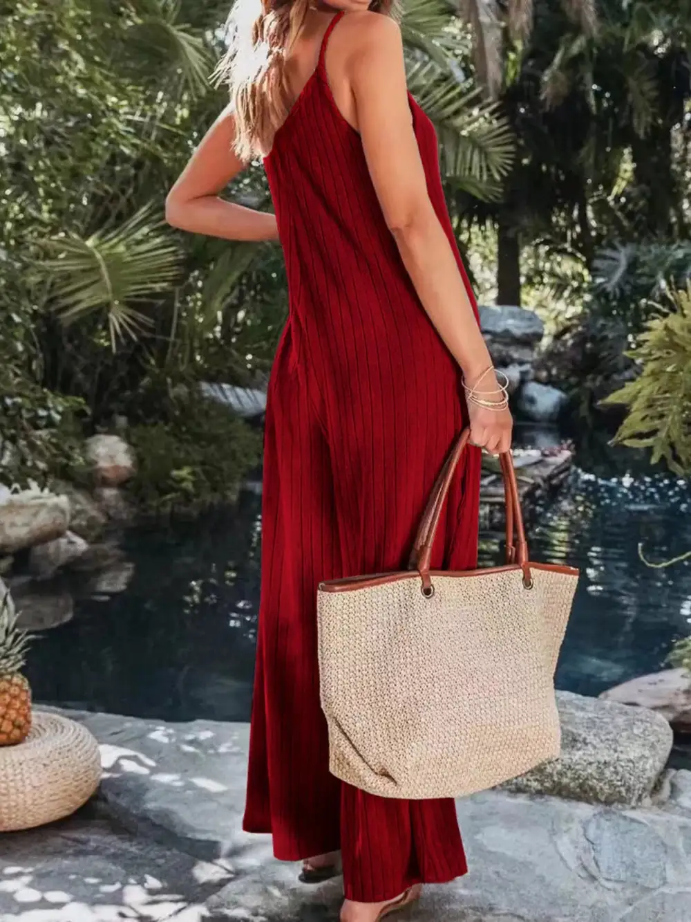 Ribbed V Neck Wide Leg Jumpsuit