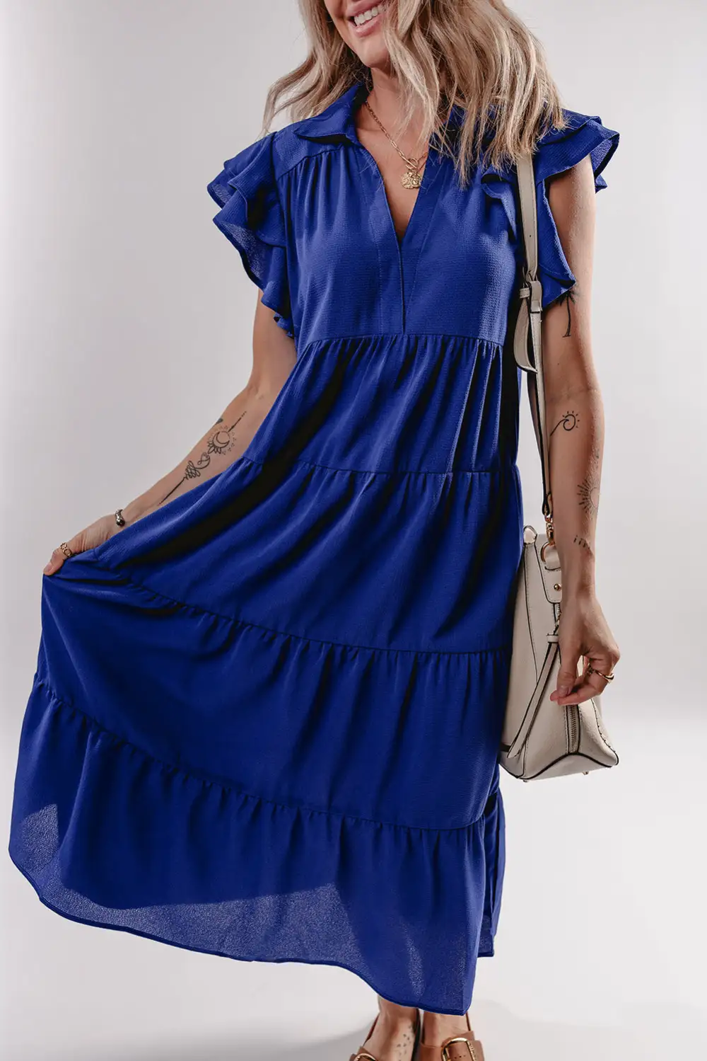 Short Sleeve V Neck Collared Ruffle Trim Tiered Midi Dress