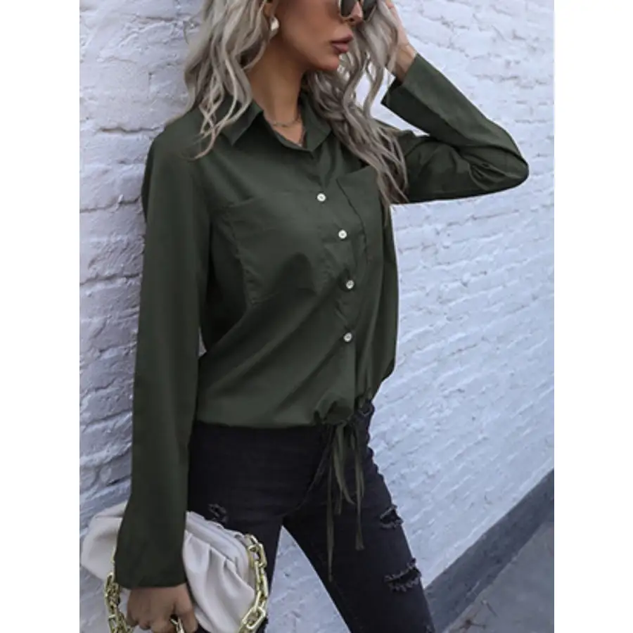 Perfee Tied Hem Button Down Long Sleeve Shirt