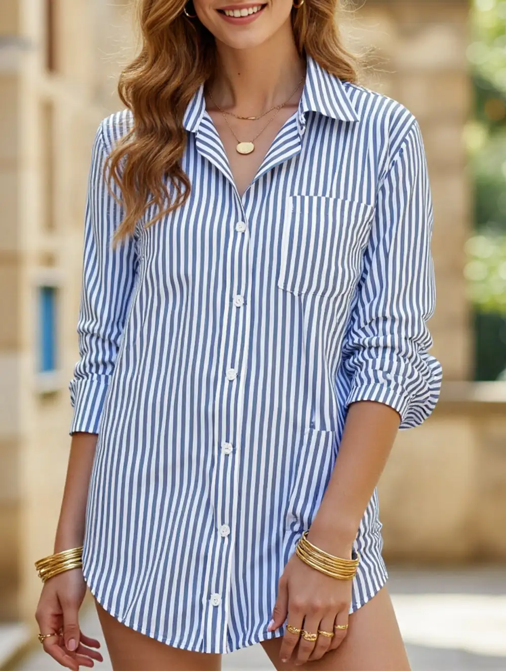 Striped Lapel Long-Sleeved Cardigan Shirt