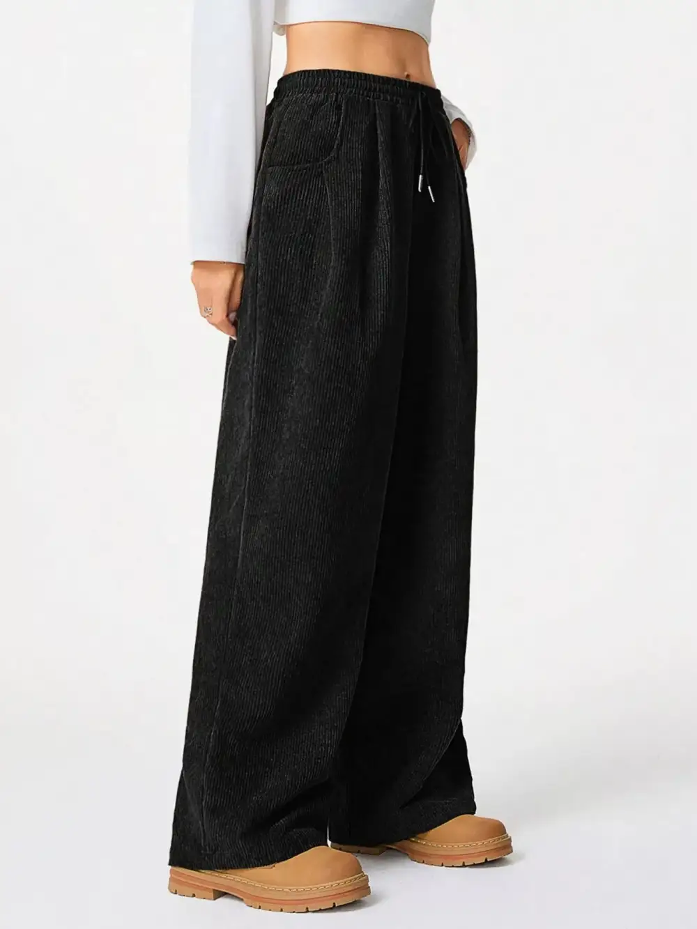 Wide Leg Corduroy Drawstring Pocketed Pants