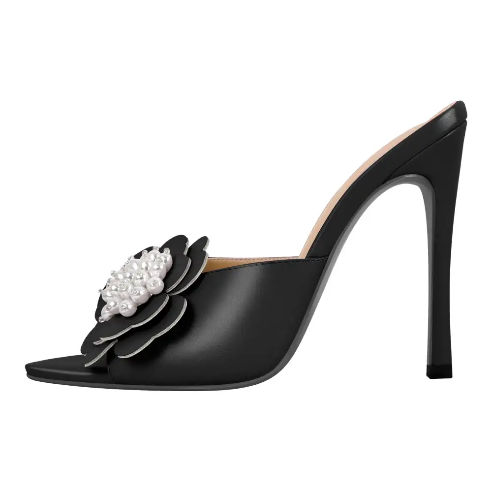 Pearl Flower Pointed Toe Stiletto Mule Sandals
