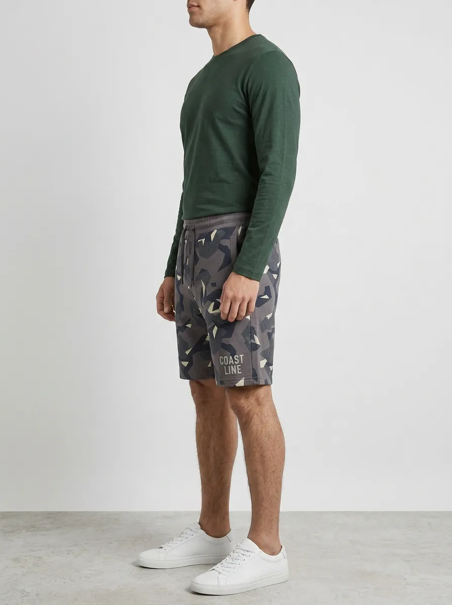 Men's Geometric Wave Camouflage Drawstring Printed Sweat Shorts
