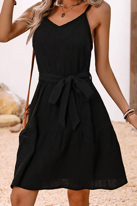 V Neck Solid Color Tie Waist Mini Dress