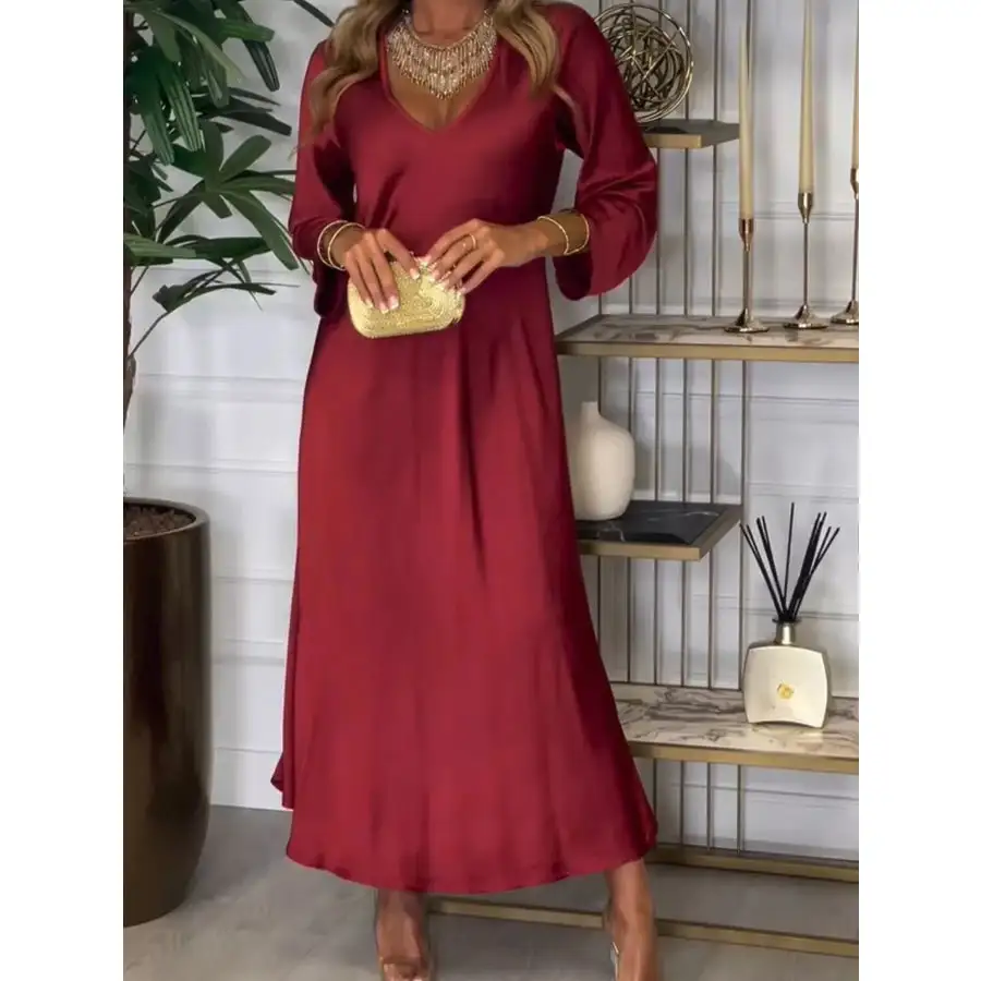 Full Size V-Neck Long Sleeve Midi Dress Plus Size