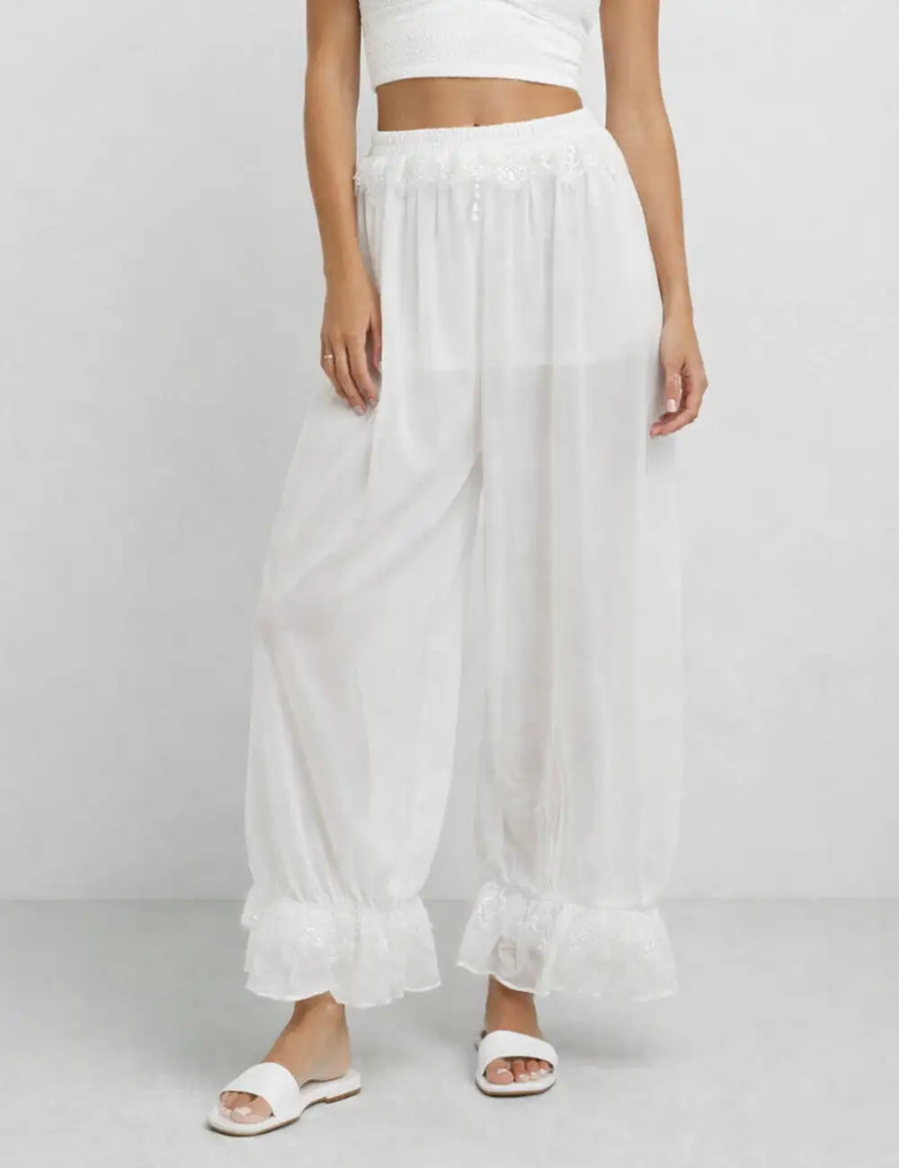 Lace Panel Elastic Waist Lantern Pants