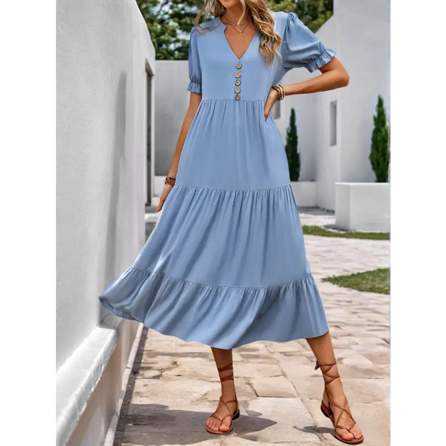 Notched Short Sleeve Tiered Midi Dress