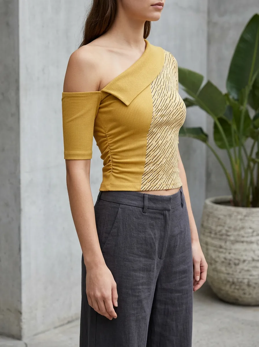 Women's Mustard Yellow Striped Pattern One-Shoulder Ribbed Top