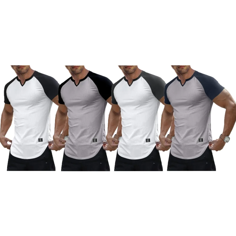 Mens Muscle Slim T Shirt V-Neck Henley