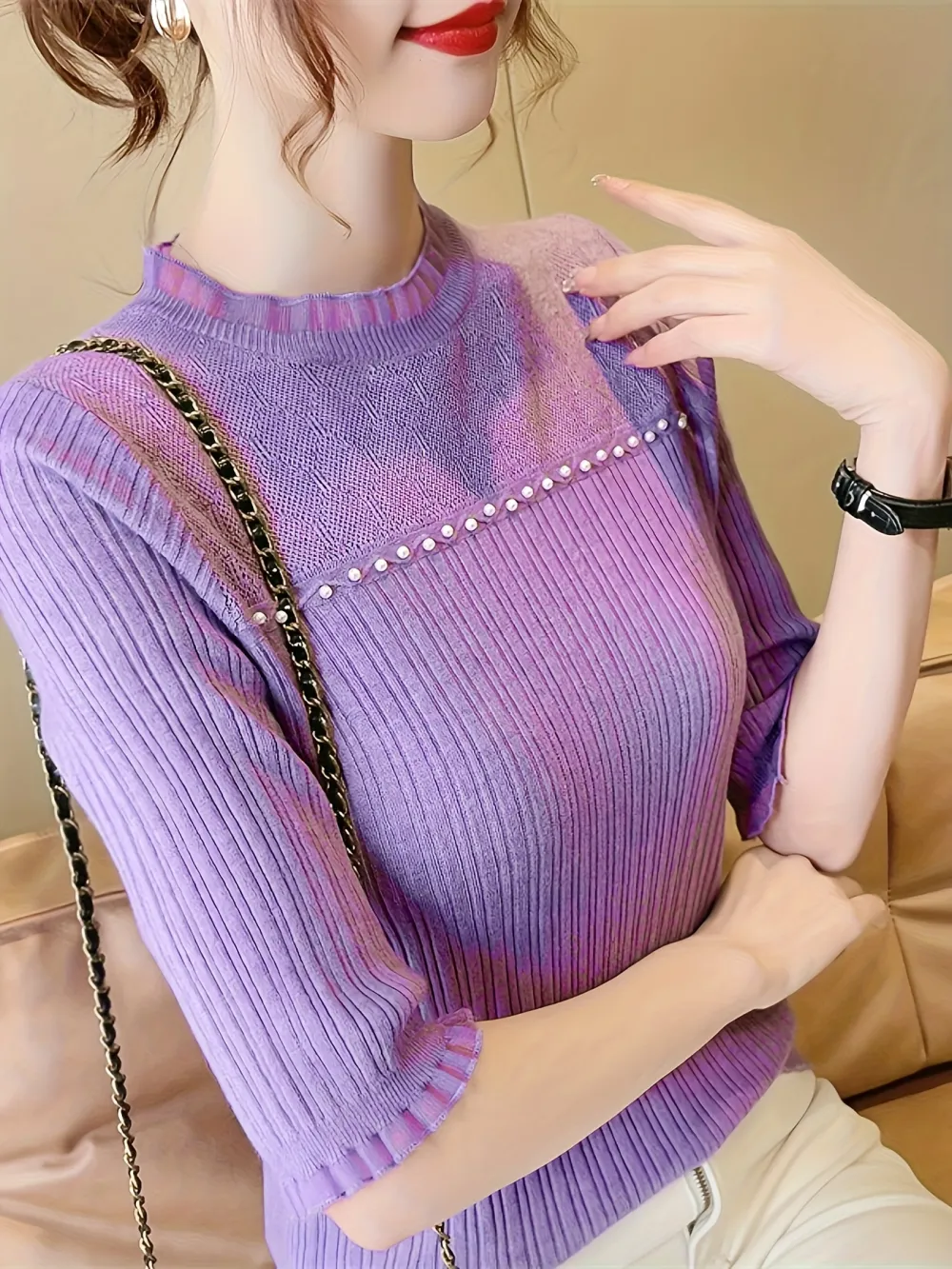 Beaded Lace Trin Knitted Top Casual Short