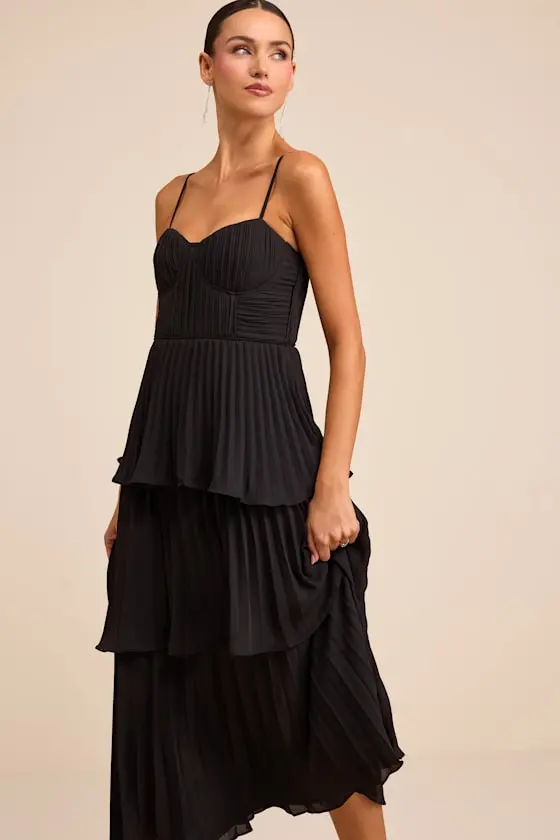 Cascading Crush Light Blue Tiered Bustier Midi Dress