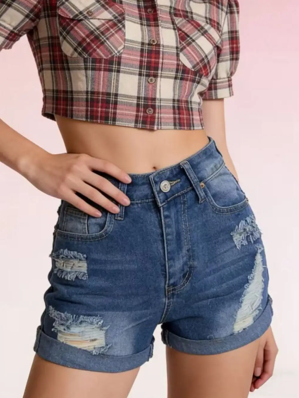 Buttoned Distressed High Waist Pocketed Shorts