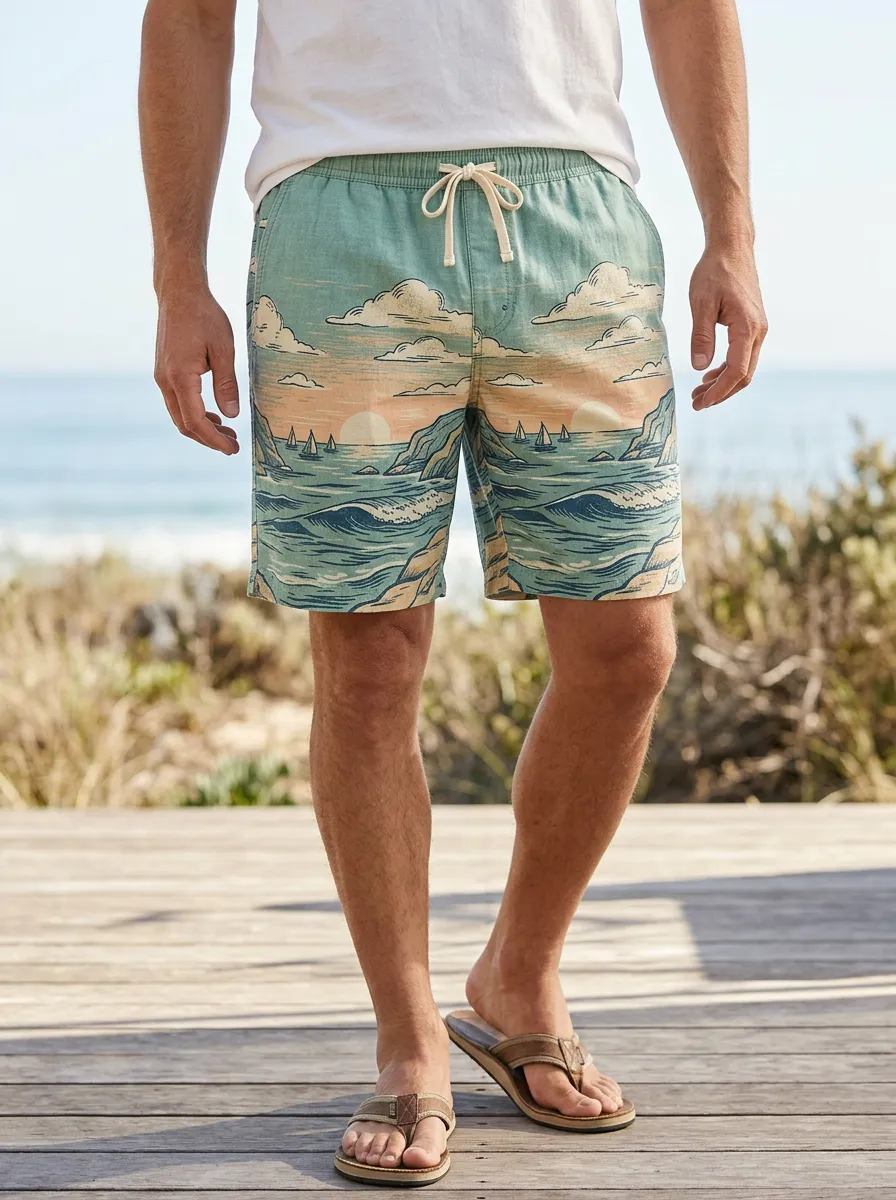 Men's Beach Ocean Sunset Sailboat Drawstring Shorts