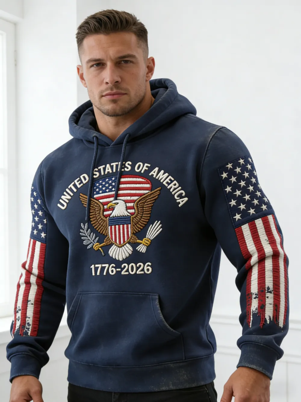 USA 250Th Anniversary ✦ Final Clearance Sale UNITED STATES OF AMERICA Embroidery Pattern Patchwork Hooded Sweatshirt