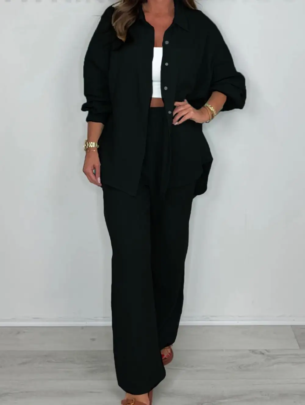 Two-Piece Shirt and Straight Pants Suit