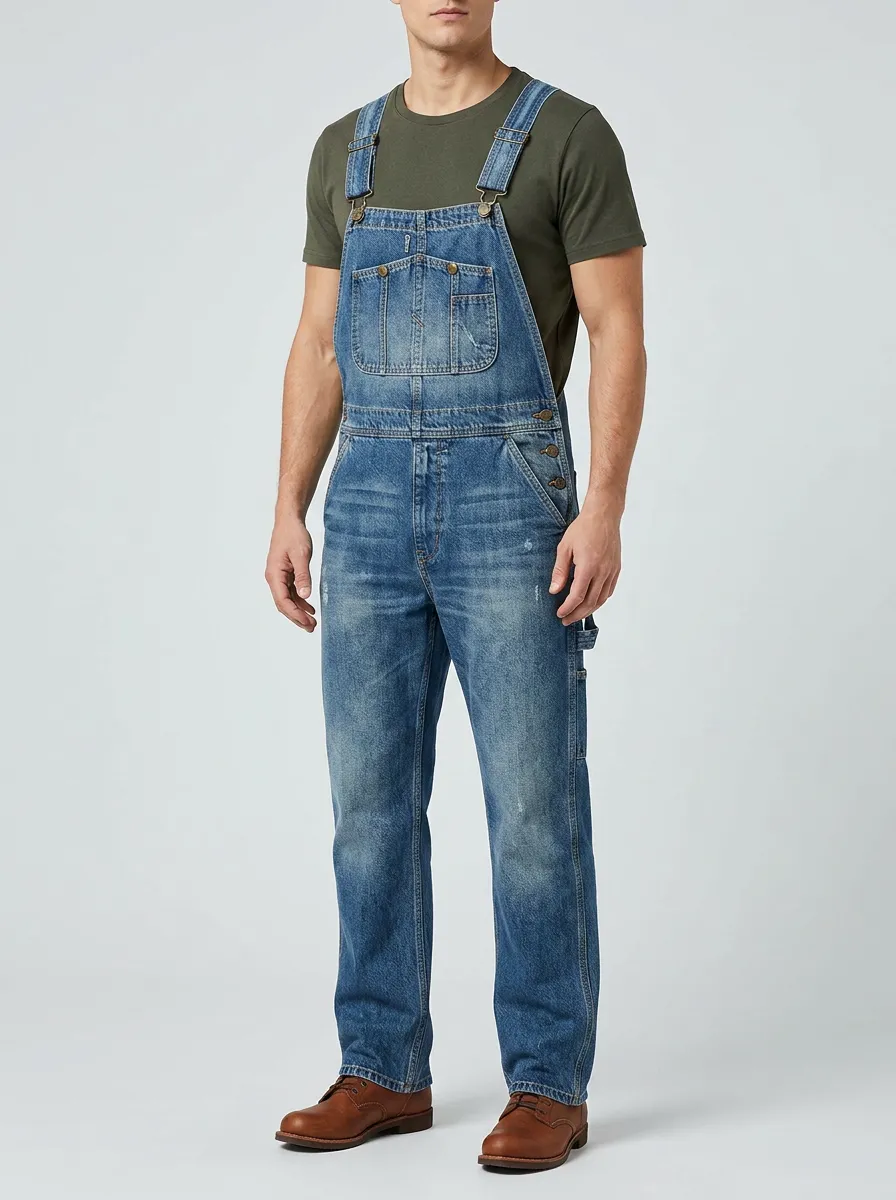 Men's Vintage Distressed Blue Denim Bib Overalls