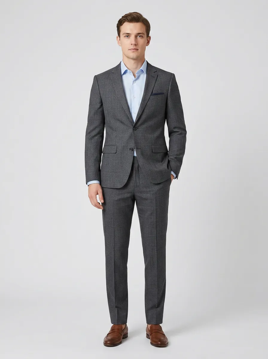 Men's Business Formal Charcoal Plaid Patterned Suit Set